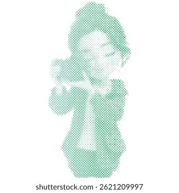 A tourist woman is taking a picture with a camera retro modern halftone cartoon