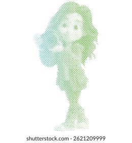 A tourist woman is taking a picture with a camera retro modern halftone cartoon