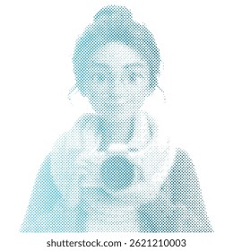 A tourist woman is taking a picture with a camera retro modern halftone cartoon