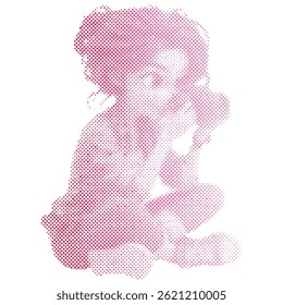 A tourist woman is taking a picture with a camera retro modern halftone cartoon