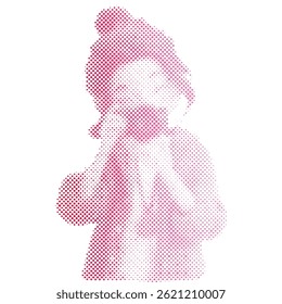A tourist woman is taking a picture with a camera retro modern halftone cartoon