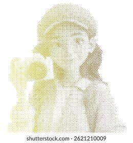 A tourist woman is taking a picture with a camera retro modern halftone cartoon
