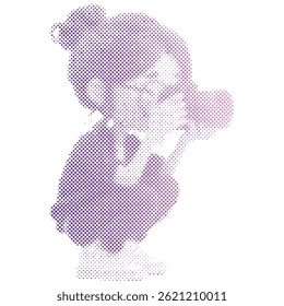 A tourist woman is taking a picture with a camera retro modern halftone cartoon
