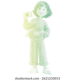 A tourist woman is taking a picture with a camera retro modern halftone cartoon