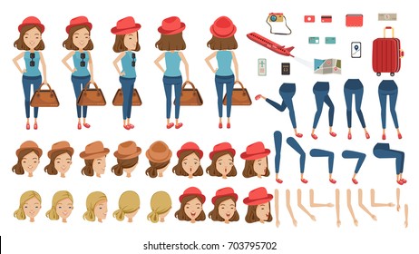 Grupo de creación de Tourist Woman Travel. carácter animado. en el aeropuerto. Iconos con diferentes tipos de caras y peinado, emociones, vista frontal, trasera, lateral de la mujer. Moviendo brazos, piernas. Aislado 