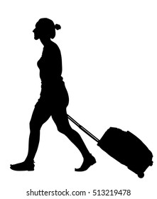 Tourist Woman Traveler Walking And Carrying His Rolling Suitcase Vector Silhouette Illustration Isolated On White Background.