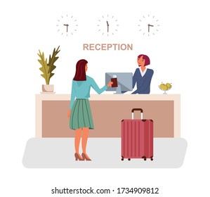 Tourist woman or traveller with suitcase stands at reception desk and gives reservation papers to receptionist. Check into or check out a hotel or hostel concept. Flat Art Vector Illustration