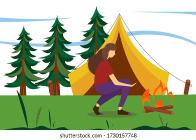 Tourist woman warming her hands by the fire. The concept of an active lifestyle, Hiking, outdoor recreation. Cute vector illustration in flat style.
