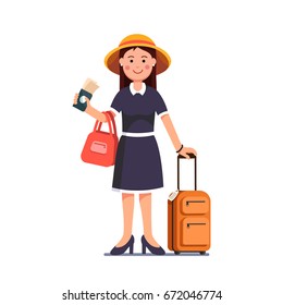 Tourist woman wearing summer dress, hat standing with luggage spinner valise. Traveling girl holding passport & tickets in right hand. Flat style vector illustration isolated on white background.