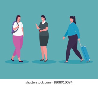 tourist women walking and stewardess vector illustration design
