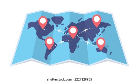 Tourist world map with navigation and airplanes on it. Vector illustration.