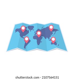Tourist world map with navigation on it. Vector illustration.