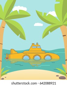 Tourist yellow submarine.Rest and an excursion to the underwater world of the tropical sea and with the beach sandy and palm trees.A concept of design of a poster for the website. Flat style vector.