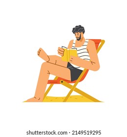 Tourist, young man resting, relaxing on beach, vector flat illustration isolated on white background. A man sits on sun lounger reading a book
