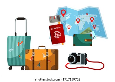 Accesorio turístico y conjunto de atributos. Maleta, mapa del mundo del papel, pasaporte, bolso, cámara. Objetos aislados en fondo blanco