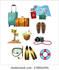 Touristic accessory and attributes set. Suitcase, paper world map, passport, purse, palm tree on island, scuba diving equipment, camera, floating ring, slippers. Objects isolated on white background
