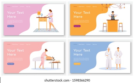 Touristic accommodation landing page vectors templates set. Hotel website interface idea with flat illustrations. Booking homepage layout. Spa center web banner, webpage cartoon concept