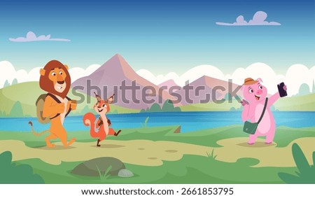 Touristic animals. Cute cartoon animals exploring world exact vector background concept illustration of travelling
