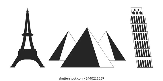 Touristic attractions black and white 2D line cartoon objects set. Sightseeing landmarks isolated vector outline items collection. Eiffel, Pisa tower, pyramids monochromatic flat spot illustrations