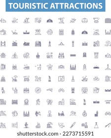 Touristic attractions line icons, signs set. Attractions, Tourism, Sites, Sightseeing, Vacations, Places, Views, Excursions, Monuments outline vector illustrations.