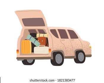 Touristic automobile with open trunk full of adventure equipment vector flat illustration. Campervan with bags, suitcase, backpack and rolled mat or sleeping bag isolated on white. Van for travel