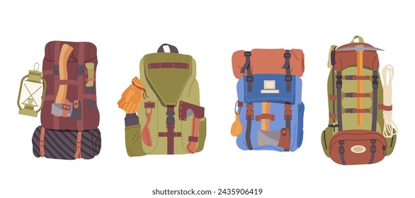 Touristic bags, travel backpacks, hiking knapsacks with supplies and survival equipment isolated set