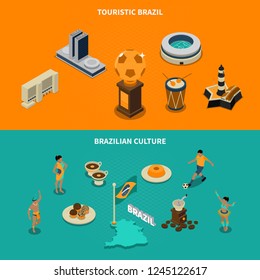 Touristic Brazil horizontal isometric banners set with culture symbols isolated vector illustration