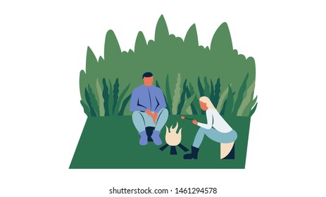 Touristic camp with campfire in forest for adventure tourism, travel, backpacking. Concept of hiking, adventure tourism, camping, travel. Flat cartoon colorful vector illustration.