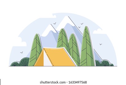 Touristic camp or campground with tent. Landscape with forest campsite against mountains in background. Location for adventure tourism, travel, backpacking. Flat vector illustration.