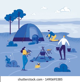 Touristic Camp near River with Tent for Adventure Tourism, Travel, Backpacking Flat Cartoon Vector illustration. Concept of Hiking. Girl Collecting Tree Branches for Campfire. Buckets with Water.