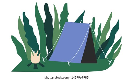 Touristic camp with tent, campfire in forest for adventure tourism, travel, backpacking. Concept of hiking, adventure tourism, camping, travel. Flat cartoon colorful vector illustration.