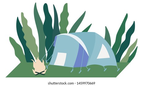Touristic camp with tent, campfire in forest for adventure tourism, travel, backpacking. Concept of hiking, adventure tourism, camping, travel. Flat cartoon colorful vector illustration.