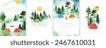 Touristic camp with tents. Set watercolor vector templates with tents, mountains, boat, bonfire, river, forest and space for text. Travel concept. Illustrations for print, book, banner, card, flyer