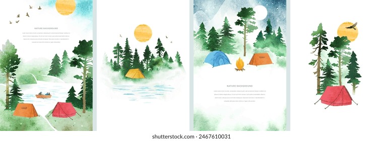 Touristic camp with tents. Set watercolor vector templates with tents, mountains, boat, bonfire, river, forest and space for text. Travel concept. Illustrations for print, book, banner, card, flyer