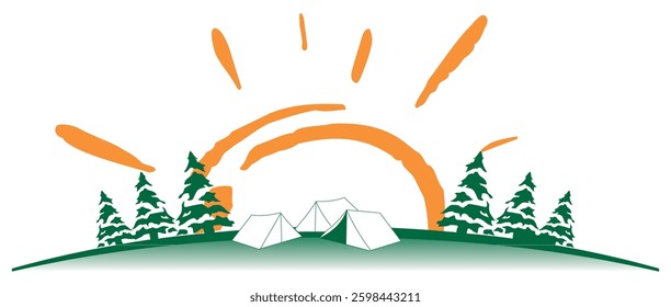 Touristic camp with tents. Set watercolor vector templates with tents, mountains, boat, bonfire, river, forest and space for text. Travel concept. Illustrations for print, book, banner, card, flyer
