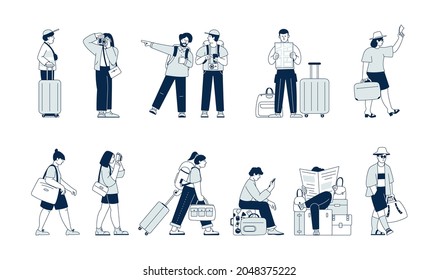 Touristic characters set. Travel man, travelling people with luggage. Young hipster, tour group. Vacation man woman with suitcase recent vector collection