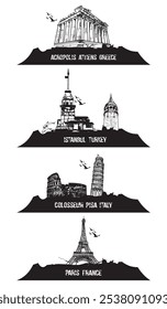 Design de cidades turísticas. Ilustração desenhada à mão.