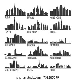 Touristic Cities Most Famous Skyline City Silhouette Design Collection Set Pack