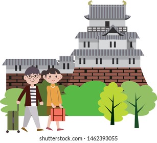 Touristic couple in traditional Japanese castle