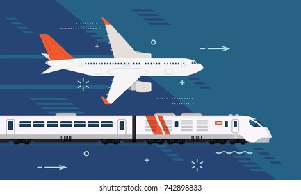 Touristic Destinations. Travel By Plane Or By High Speed Express Train. Airway And Railway Trip Options. Passenger Transportation Design Elements Airliner And Modern Train On Abstract Background