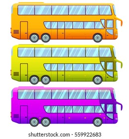 Touristic double decker sightseeing bus collection in different colors on white background isolated vector illustration