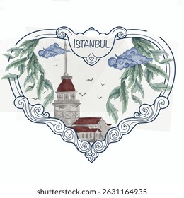 touristic drawing. Maiden's Tower, Istanbul and more