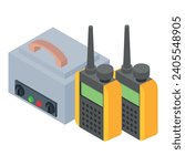 Touristic equipment icon isometric vector. Walkie talkie radio and transmitter. Radio transmitter, active rest, hobby (170, 185)