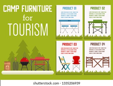 Touristic Equipment and Outdoor Leisure Accessories, Camping Gear Online Shop Flat Vector Ad Banner with Products Description. Camping Furniture, Tables and Folding Chairs, BBQ Grill Illustration