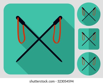 Touristic equipment. Trekking poles. Flat long shadow design. Hiking icons series.