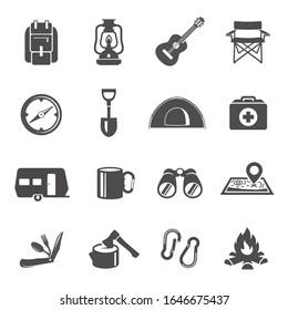 Touristic gear, equipment or tools for hiking, tourism, adventure travel, backpacking, bushcraft, camping. Collection of flat icons, symbols or pictograms. Modern monochrome vector illustration.