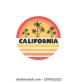 Touristic Greeting Card - California with sunset and pulms, grunge background, vector illustration.