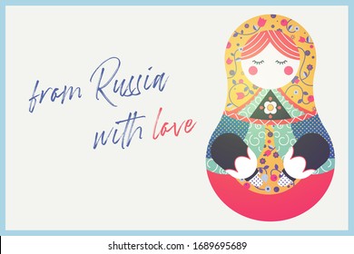 Touristic Greeting Card welcome to Russia - Vector EPS10. postcard matryoshka Russian doll. 