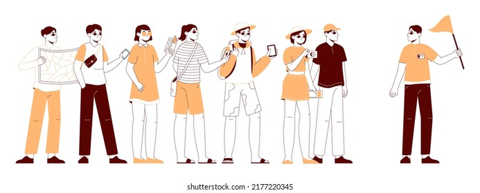 Touristische Gruppe mit Stadtführung, Reisekonzept. Touristen erkunden interessante Orte Vektorhintergrund Illustration. Stadtausflugsszene