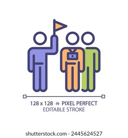 Touristic group trip pixel perfect RGB color icon. Wildlife tourism, adventure travel. Sightseeing journey. Isolated vector illustration. Simple filled line drawing. Editable stroke